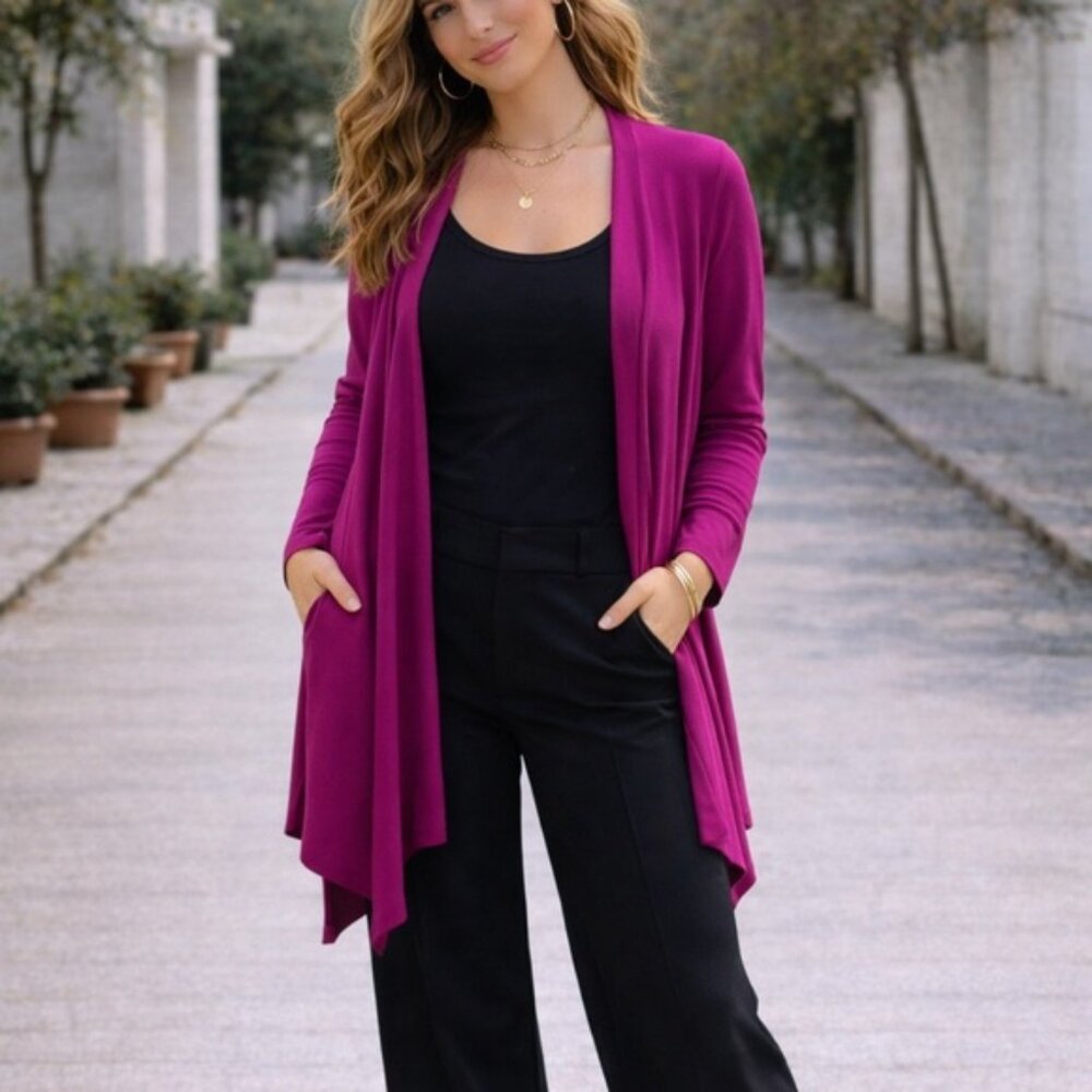 Tory Burch Magenta Waterfall Draped Cashmere Open Cardigan Size M